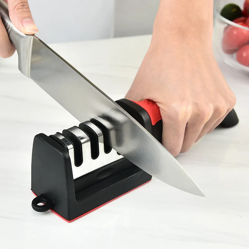 Affûteur de couteaux de cuisine multifonctionnel, pierre à aiguiser domestique à trois usages, 4 segments, noir